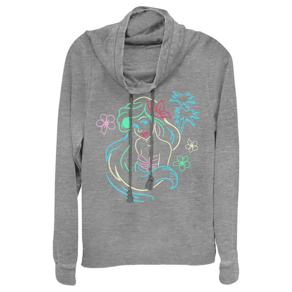 Junior's The Little Mermaid Ariel Neon Light Print  Cowl Neck Sweatshirt Gray Heather Large