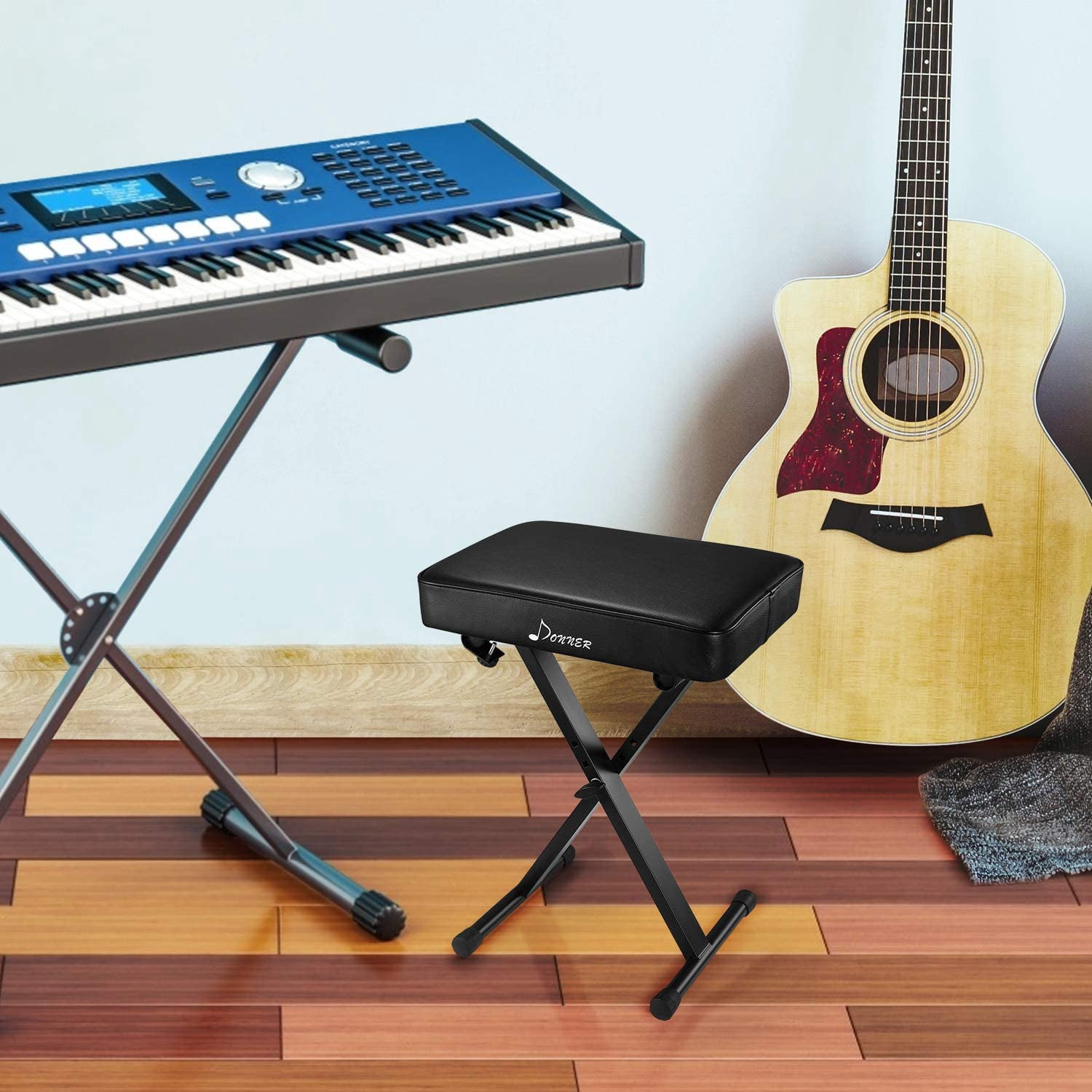 Donner Piano Bench, Adjustable Keyboard Bench Portable Stool Collapsible Chair Foldable Seat X-Style, 2.4 Inch Thickness High-Density Sponge Padded, Non-Skid Design, Black