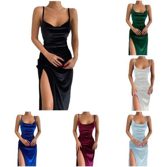 Wxolcjlv Women Solid Color Spaghetti Strap Slit Dress Velvet Bodycon Sweetheart Neck Evening Party Maxi Dress