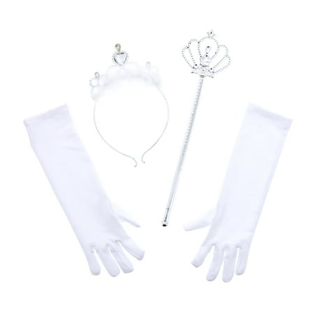 Mozlly White Royal Princess Marabou Tiara Wand and Gloves Set - Pretend Play Dress Up (4pc Set) - Item #110104
