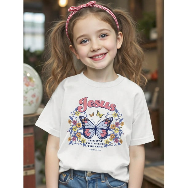 Young Girl Bow Print Round Neck Short Sleeve Casual T-Shirt