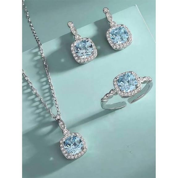 Blue Cubic Zirconia Square Halo Jewelry Set Necklace Earrings Ring 4-Piece