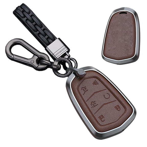 Heavy Duty Metal Key Fob Cover Case for Cadillac Escalade ESV – 6 Button Leather Key Shell Protector with Full Protection Design and Premium Keychain Holder