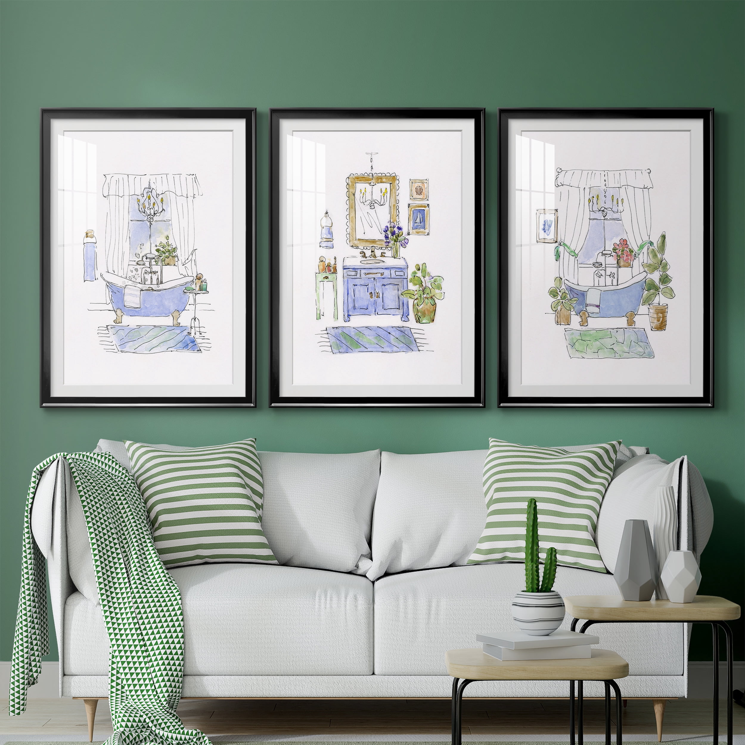 Sketchy Bath I Premium Framed Prints Set of 3 - Ready to Hang - 30.5 x 42.5 Each - Black Frame