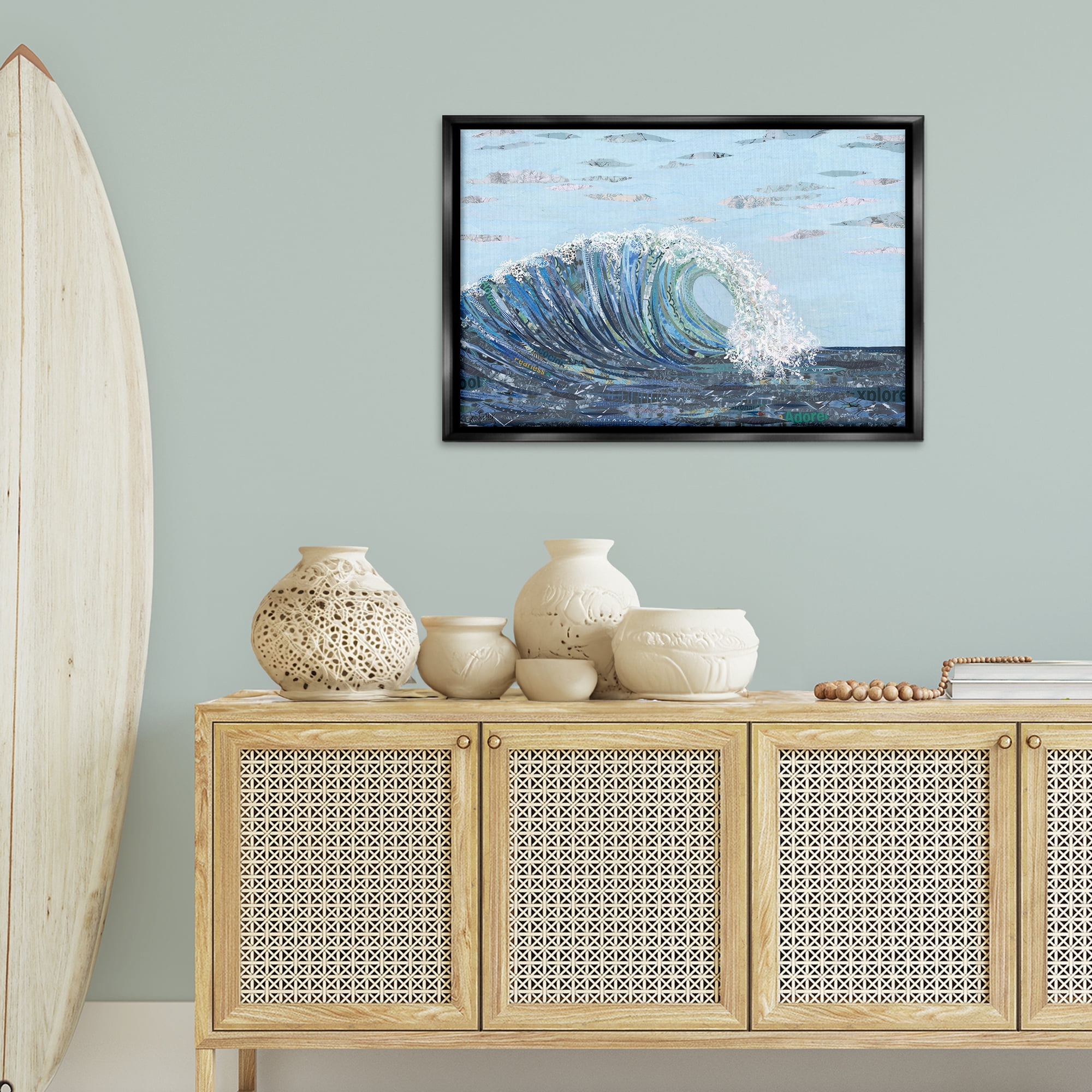 Stupell Industries Big Kahuna Wave Landscape Painting Black Floater Framed Canvas Art Print Wall Art, 31 x 21