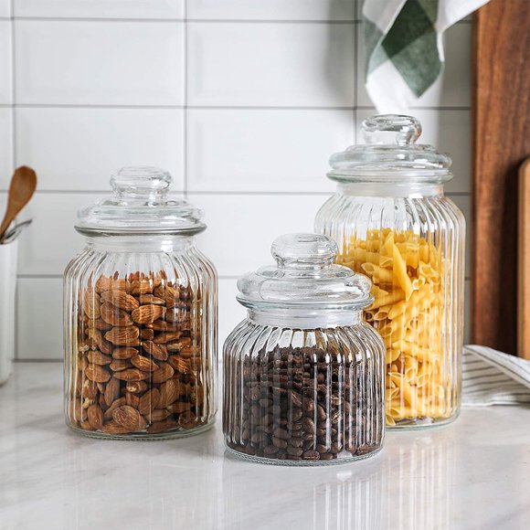 Gala Houseware Airtight Food Storage Jars with Glass Lids, Ribbed Glass Canister Set for Kitchen Pantry Organization, Set of 3