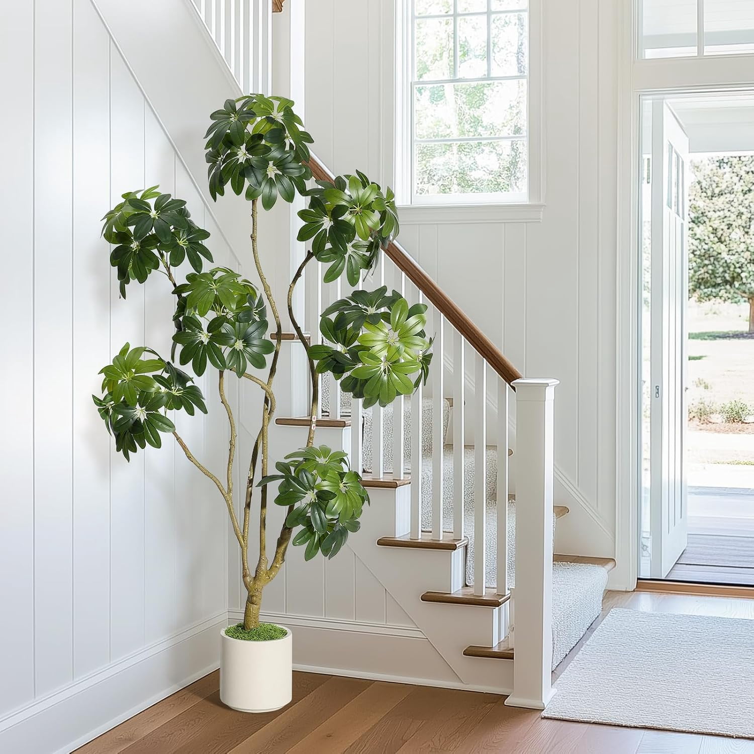 Litake 5 ft Tall Fake Plant Indoor,Faux Floor Tree Fake Trees in Decorative White Planter with Multiple Trunks Design, Artificial Umbrella Schefflera Tree for Home Offices Porch Decor