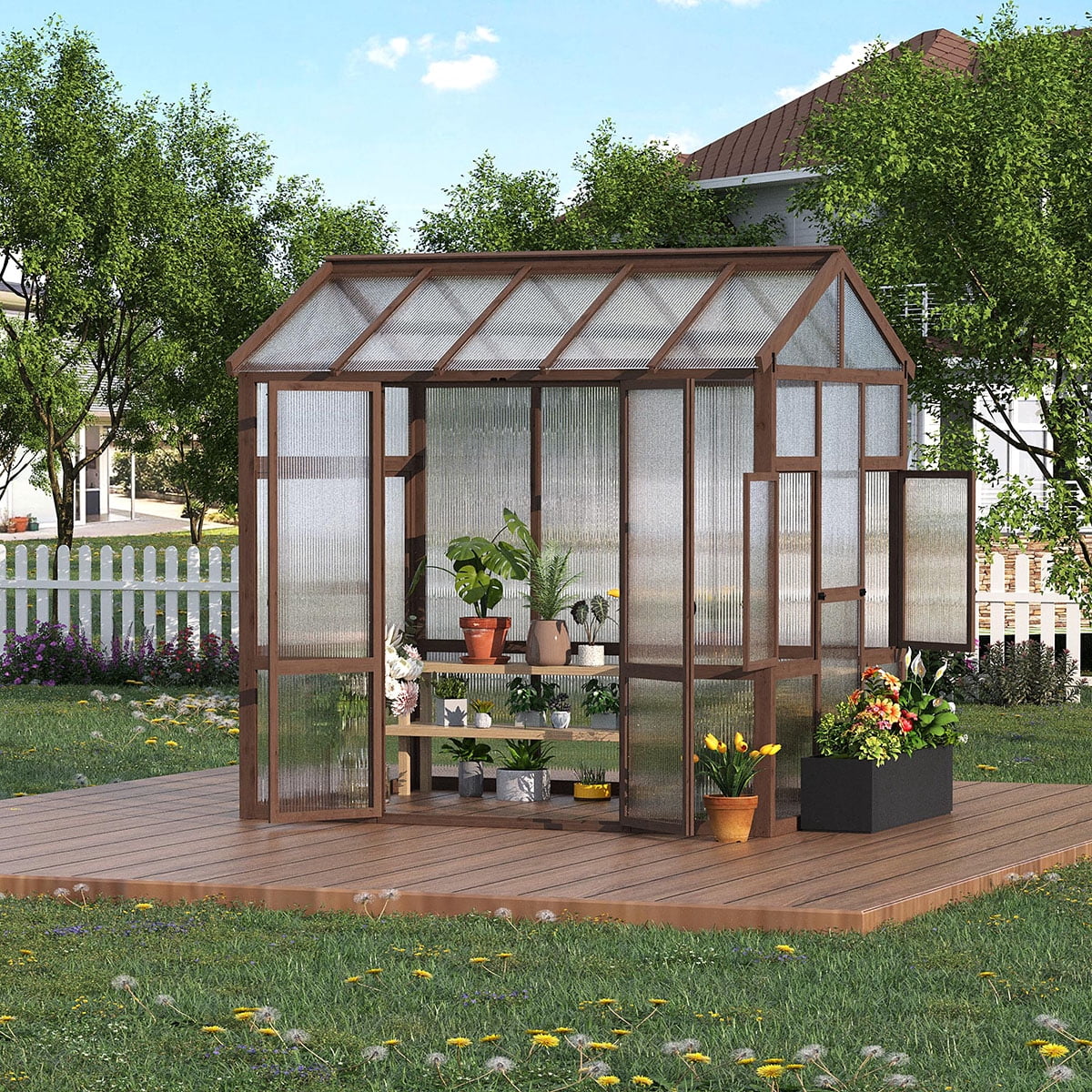 Danolapsi 6x8 FT Wooden Greenhouse for Outdoor,Heavy Duty Walk-in Green House Kit with 6mm Polycarbonate,Ventilated Window & Lockable Door for Backyard, Patio,Lawn（ship in 3 boxes）