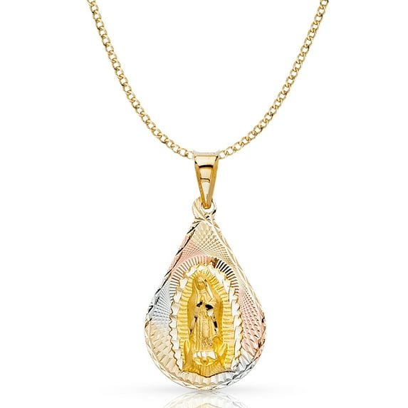 Ioka-14K Tri Color Gold Diamond Cut Our Lady of Guadalupe Stamp Charm Pendant with 3.4mm Hollow Cuban Chain Necklace - 20"