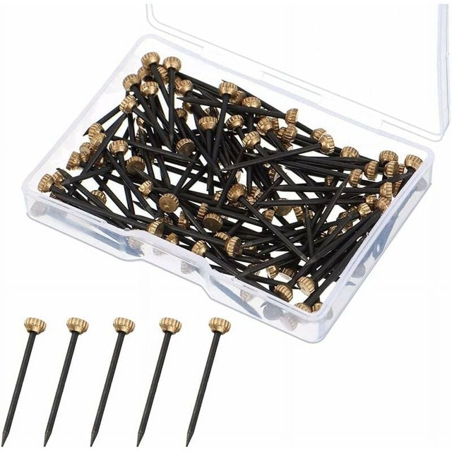 Paquete de 50 clavos para colgar cuadros - Clavos pequeños con clavos de acero negro y cabeza de latón - para cuadros, arte de pared, lienzo, marco de espejo, con caja de almacenamiento de plástico