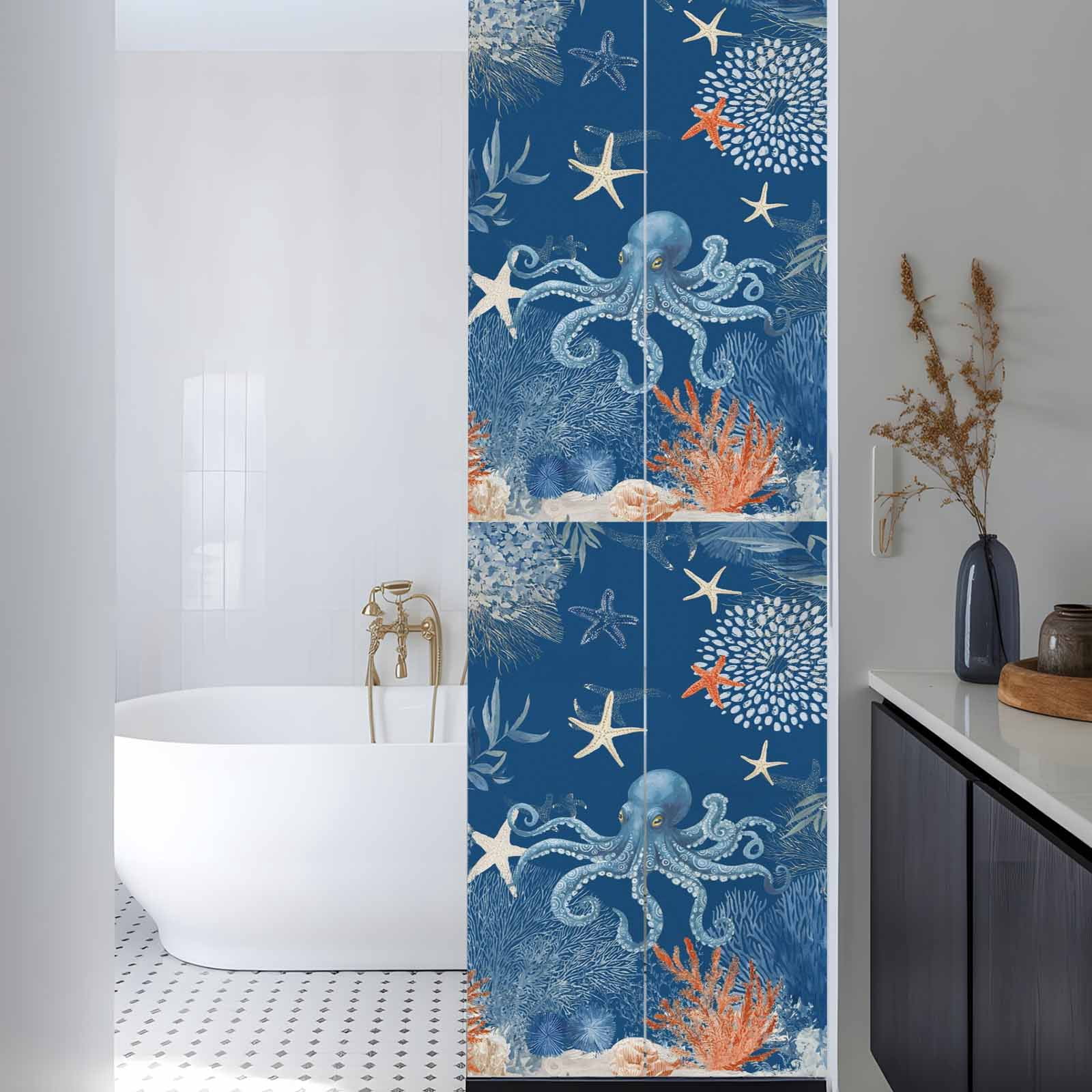 Ocean Octopus Window Privacy Film, Summer Orange Blue Sea Animal Corals Dark Blue Frosted Glass Window Clings Static Cling UV Heat Blocking Reusable Door Sticker for Bathroom 29.5 x 118 Inch
