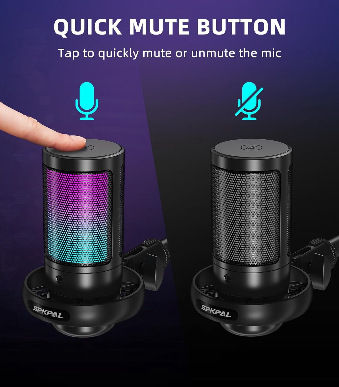 SPKPAL USB Microphone for PC, Gaming Microphone with RGB Light, Mute Button, Gain Knob,Headphones Jack for Streaming, Recording, Chat