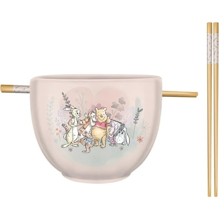Silver Buffalo Disney Winnie the Pooh Featuring Piglet, Eeyore, Tigger, Rabbit, and Roo Group Hug Ceramic Ramen Noodle Rice Bowl with Chopsticks, Microwave Safe, 20 Ounces