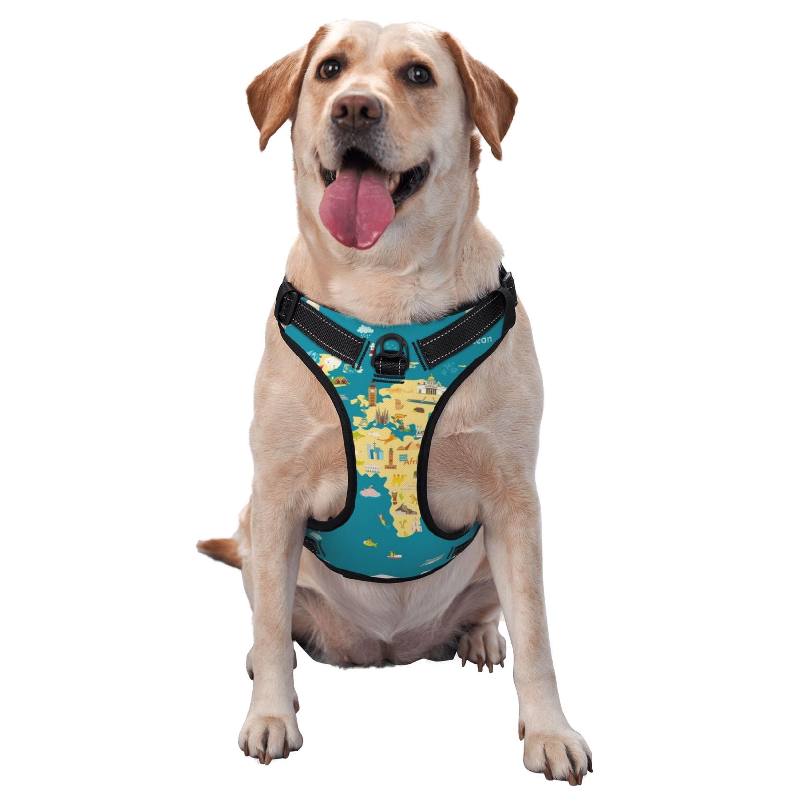 Kdxio World Map With Landmarks Print No Pull Dog Harness Adjustable Reflective Oxford Easy Control Medium Large Dog Harness for Training and Everyday-Medium