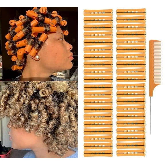RUseeN 40 Pieces Hair Perm Rods For Long Short Hair Plastic Perm Rods For Black Women Non-slip Hair Roller with Elastic Rubber Hairdressing Styling , Orange