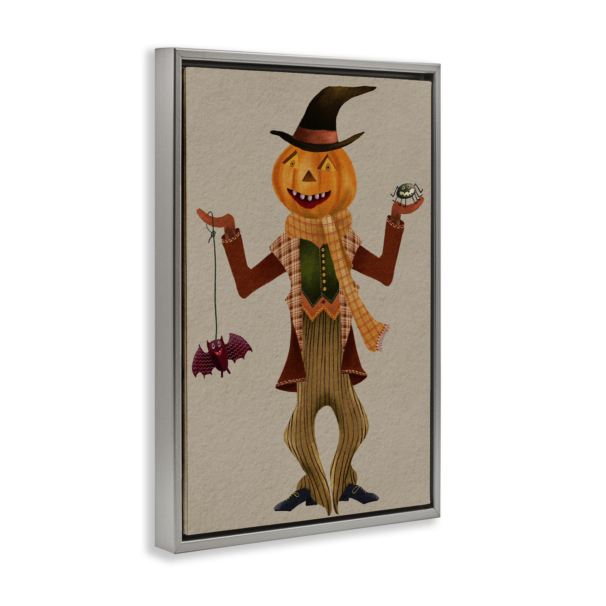 Stupell Industries Halloween Scarecrow & Bat Holiday Painting Gray Floater Framed Art Print Wall Art, 21 x 31