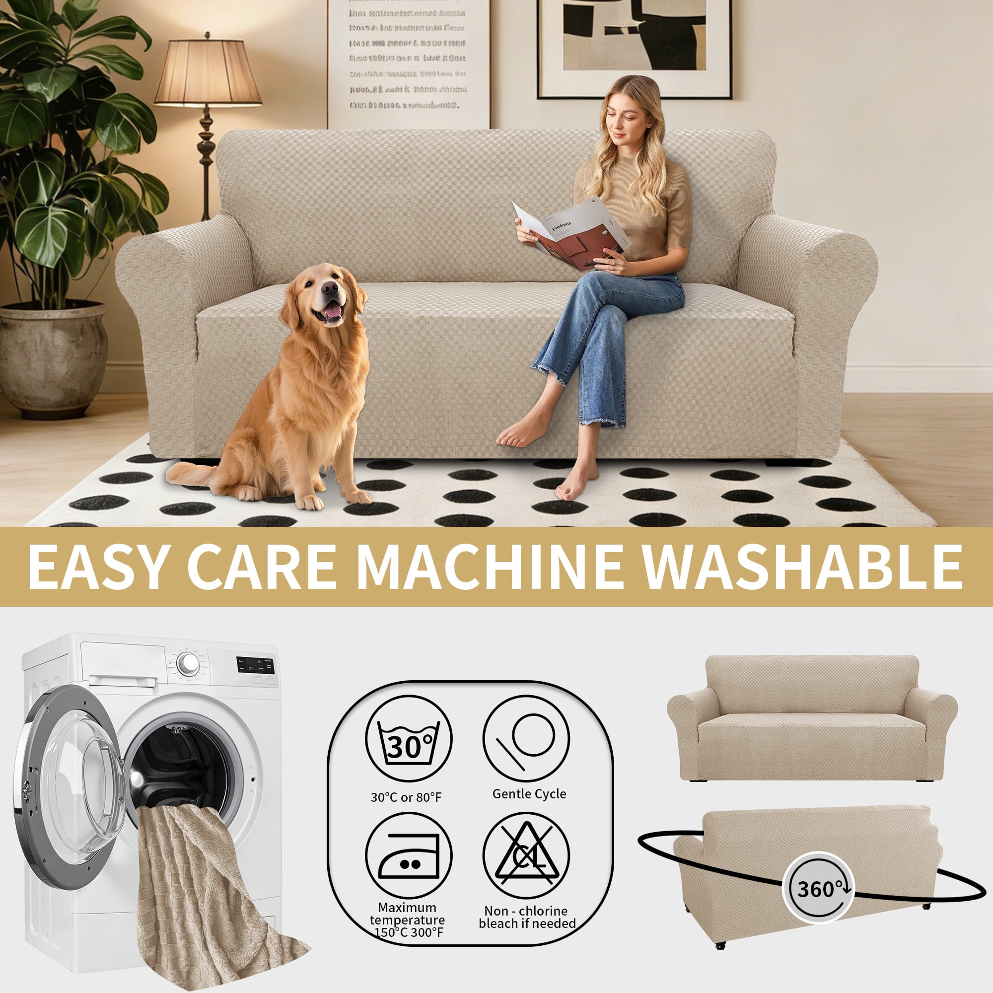 JIATER 1-Piece Sofa Cover Stretch Couch Cover Washable Sofa Slipcover Furniture Protector for Loveseat Sofa,Khaki