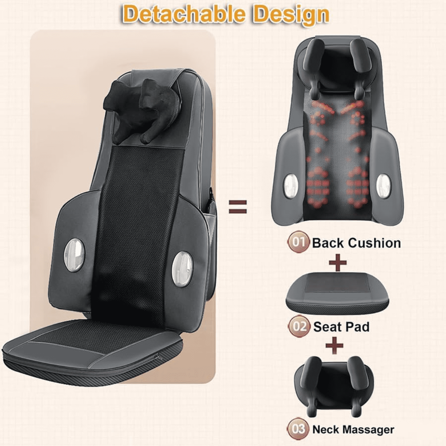 Shiatsu Deep-Kneading Chair Pad Seat Massager w Adjustable Neck & Back/ Heat for Home Office, Gray