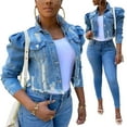thumbnail image 2 of Women Sexy Ripped Denim Jacket Casual Short Jean Jacket Long Puff Sleeve Spring Fall Female Coat, 2 of 7