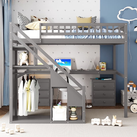 Full Size Loft Bed Frame with Built-in Desk and 2 Storage Drawers,Light Strip Solid Wood Loft Bed with Storage staircase and Wardrobe for Bedroom, Apartment, Mattress not included, Gray