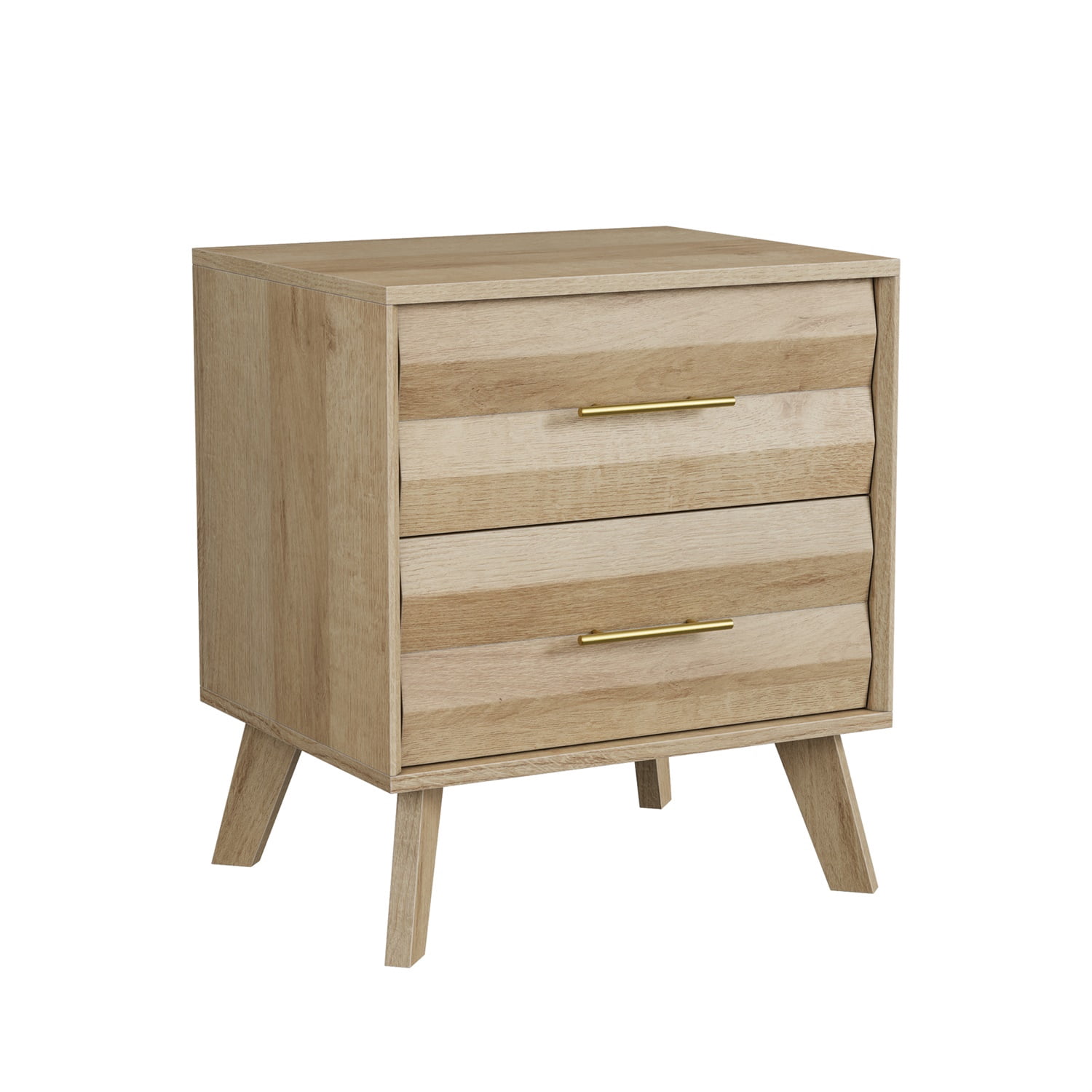 Hommoo Double Drawer Bedside Table, Modern Minimalist Nightstand with Metal Handles, Pine Wood Legs & Anti-Tip Safety Feature, Oak