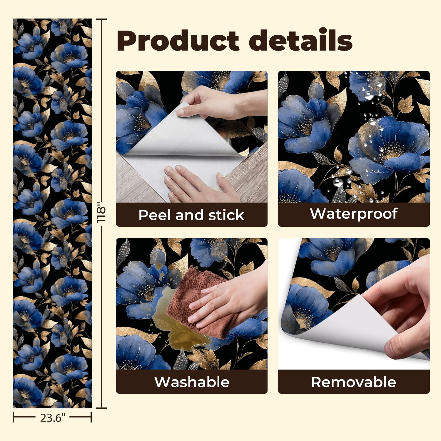 Peel and Stick Wallpaper 23.6in x 9.8ft Elegant Blue Gold Floral Black Contact Paper Vinyl Self-Adhesive Removable Wall Paper for Bedroom DIY Home Decor Renter Friendly
