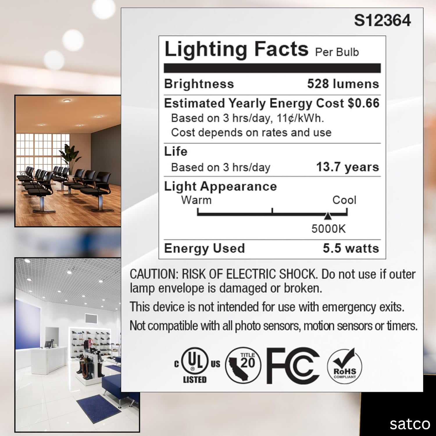 Satco S12364 MR16 LED Flood Light Bulbs 12V 5.5W 5000K GU5.3 Base Dimmable (12 Pack)