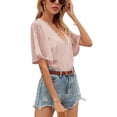 thumbnail image 2 of Seyurigaoka Women Summer Jacquard T-shirt, Casual Striped Short Sleeve V-Neck Lace Trim Pullover, 2 of 6