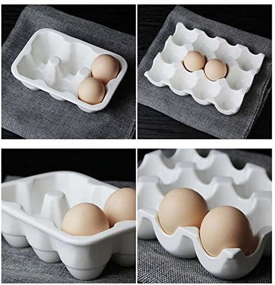 ABCISI 6 Cups Ceramic Egg Holder for Fridge, Egg Tray Holder, Pretty Egg Plate, Kitchen Restaurant Fridge Storage and Cookable Egg Porcelain Decorative Crate White-Heat Resistant