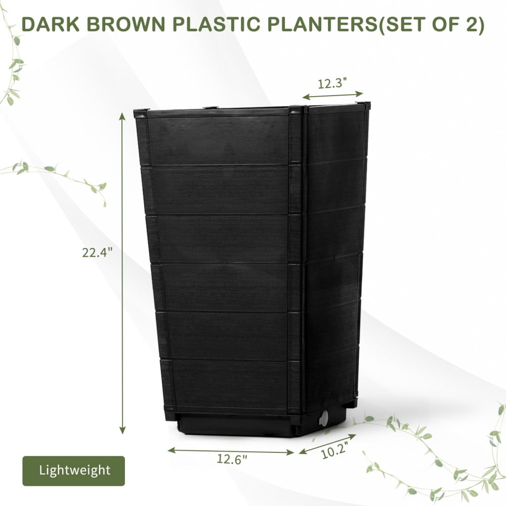 IVV 2-Pack Tall Tree Planters - Plastic Square Tapered Plant Pots for Indoor Outdoor - 22.4" H - Modern Decorative Flower Pots for Front Porch Containers Patio Deck - Dark Brown