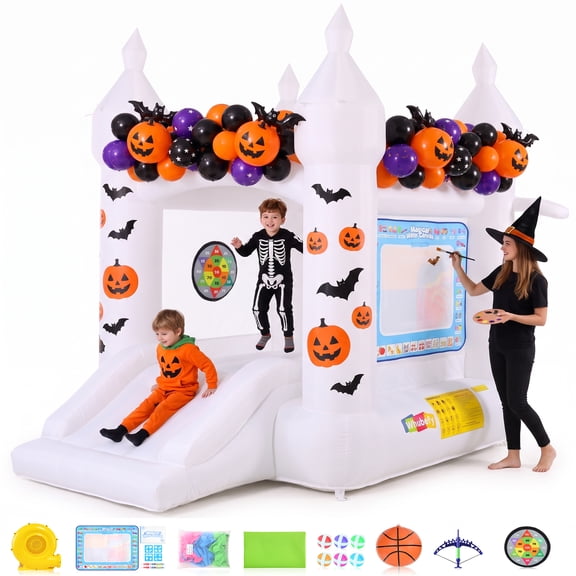 Veeboto Bounce House with Blower, Basketball Hoop, White Bouncy Castle with Slide, Balloons, Floor Cloths, Water Painting Mat, Suitable for Weddings, Parties, Birthdays, Indoor and Outdoor Decoration