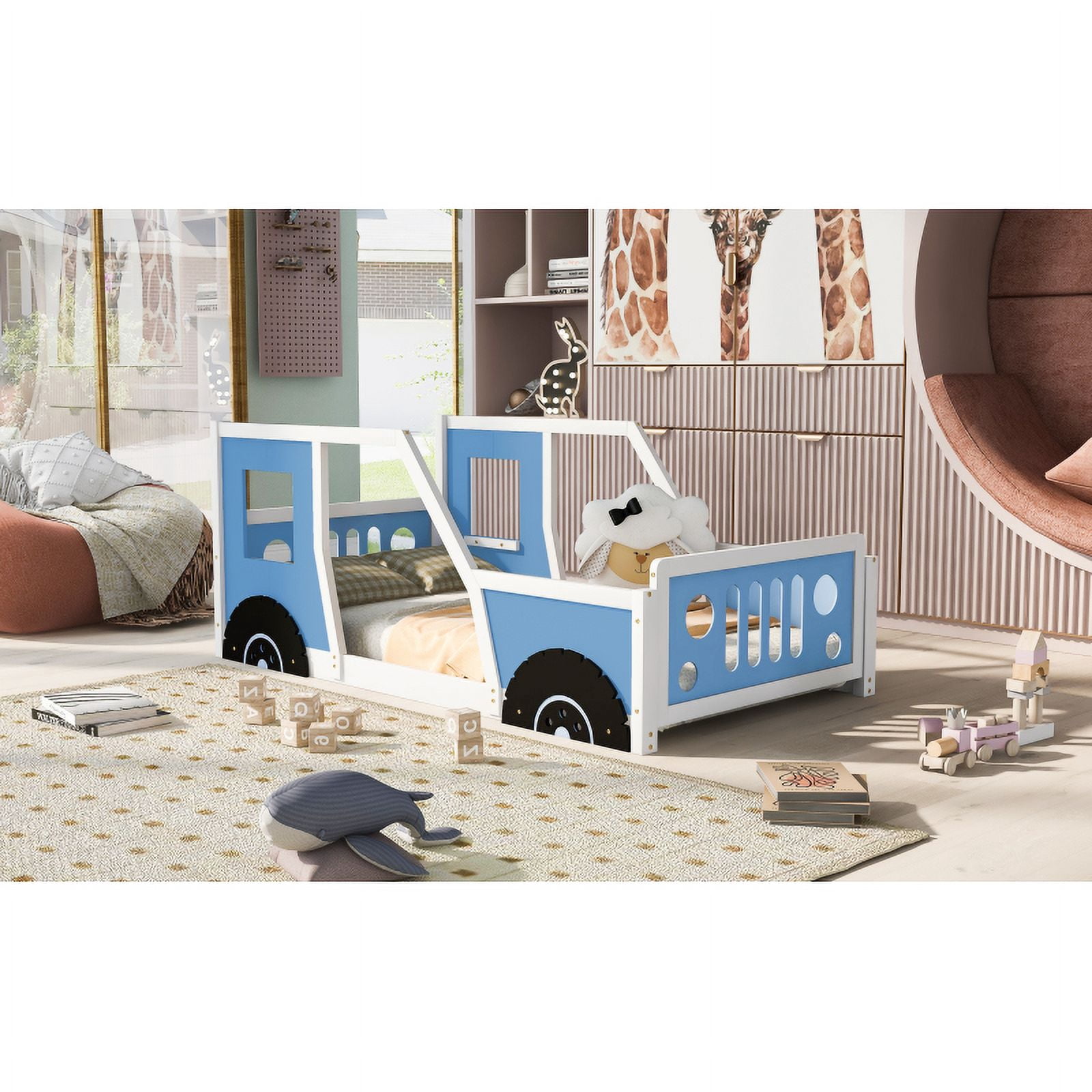 Twin Size Classic Car-Shaped Platform Bed with Wheels,Blue