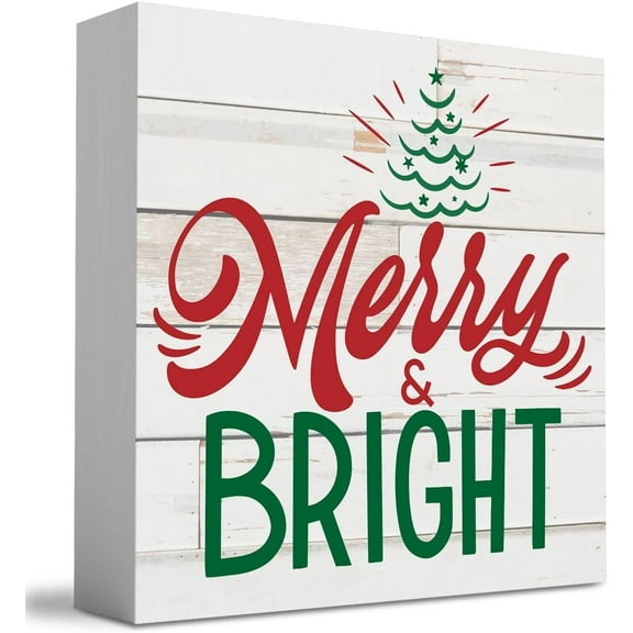7X7 Inch Merry & Bright Christmas Tree Wood Box Sign, Farmhouse Christmas Santa Artwork Decor, Wood Square Sign Desk Block Signs Home Shelf Office Decoration