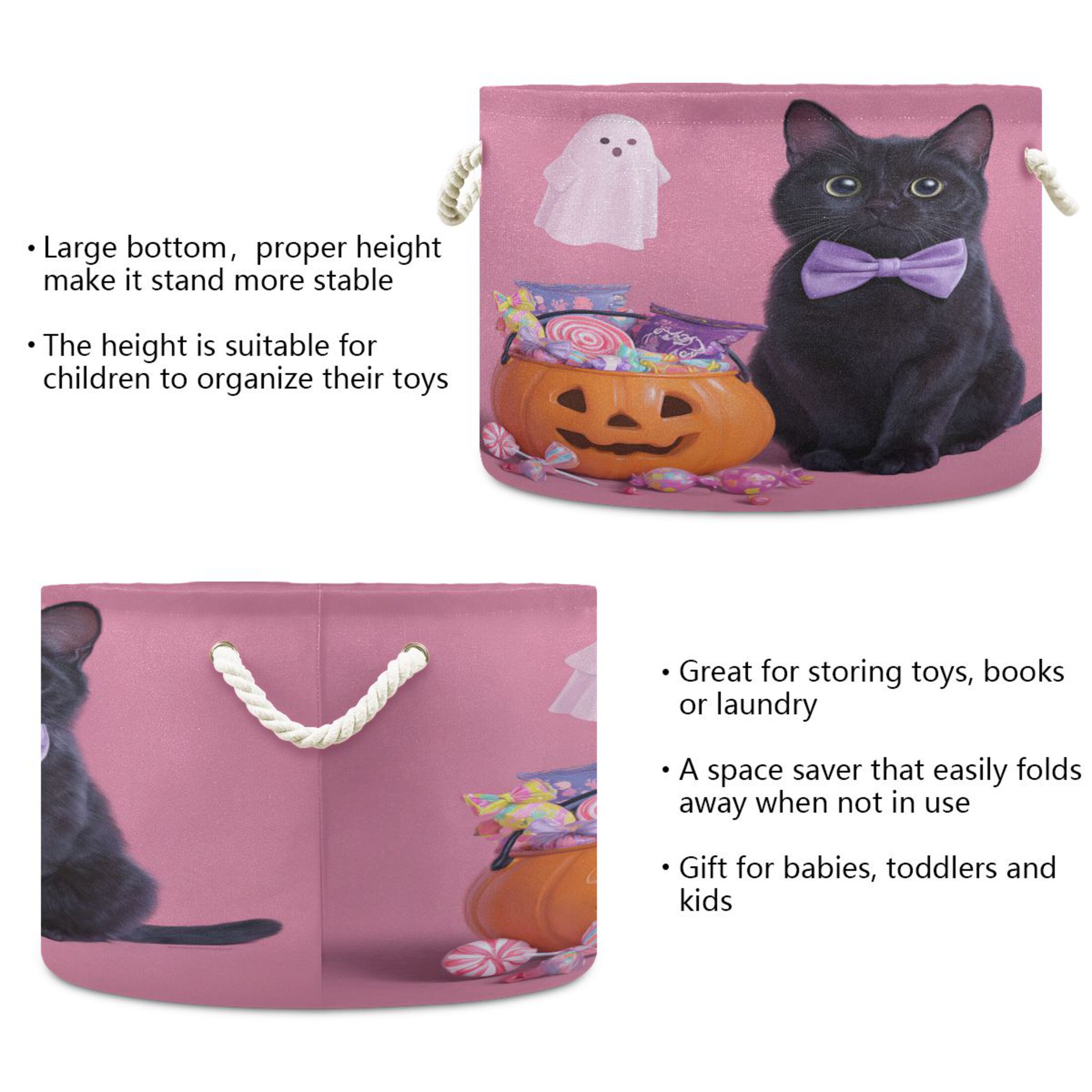 Round Toy Storage Basket Foldable Storage Basket for Home Decor Laundry Basket20" x 14" Bow Tie Black Cat