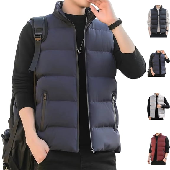 Men's Puffer Down Vest Stand Collar Sleeveless Jacket Winter Warm Insulated Body Warmer with Zip Pockets for Travel Hiking Daily Wear, Blue, M
