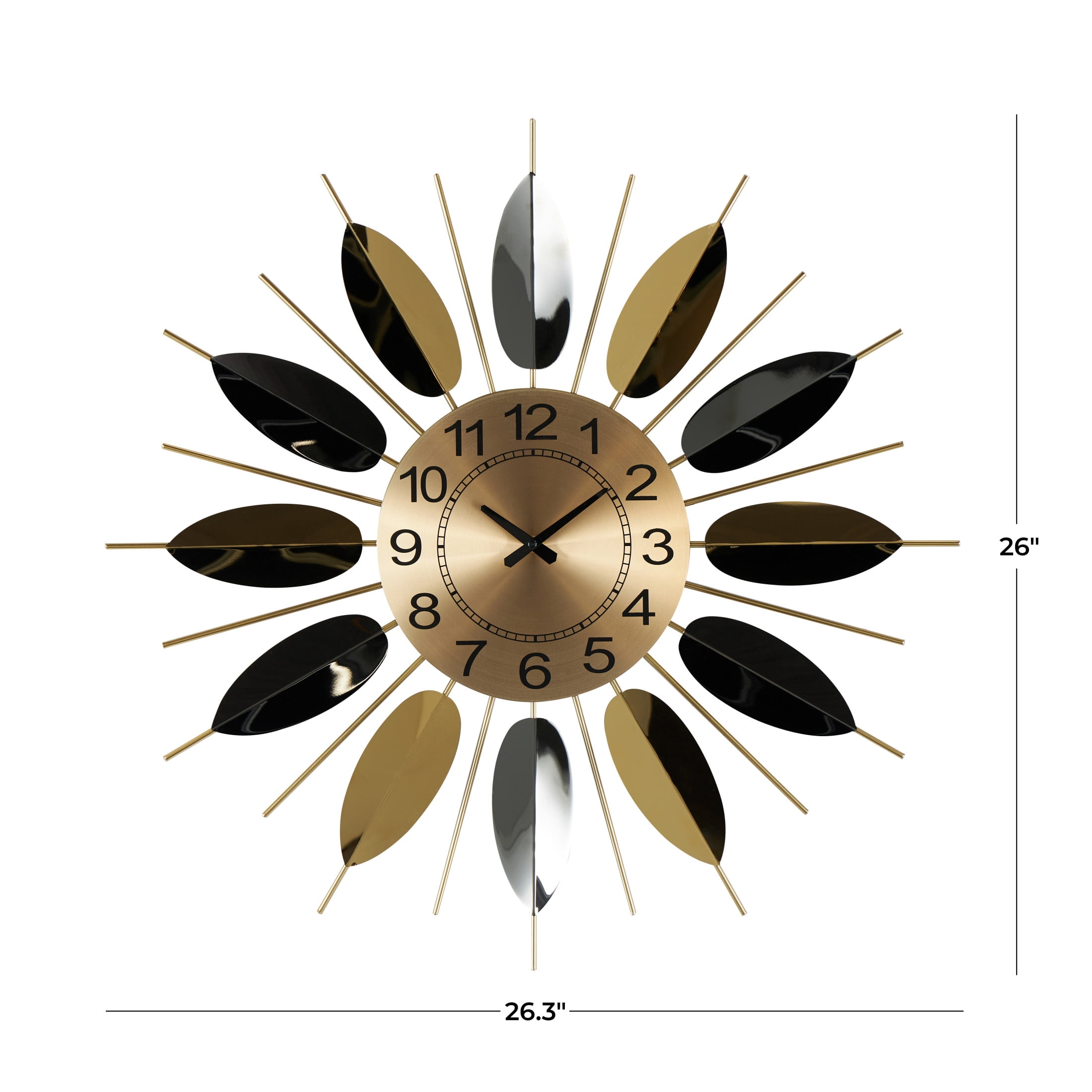 DecMode 26" Gold Stainless Steel Metal Leaf Radial Wall Clock with Black Accents