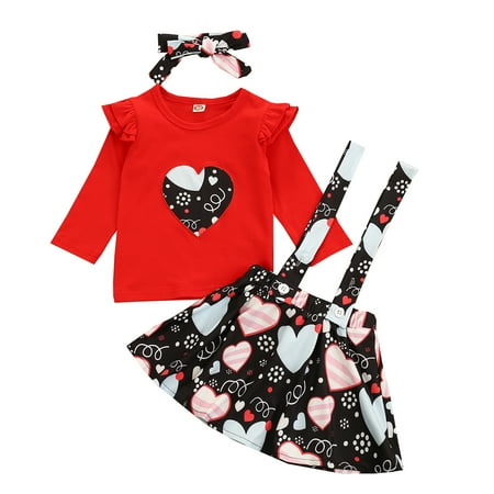 

Girl Three Piece Set Children s Long Flying Sleeve Heart Printed Shirt Straps Skirt Hair Band for Baby Red