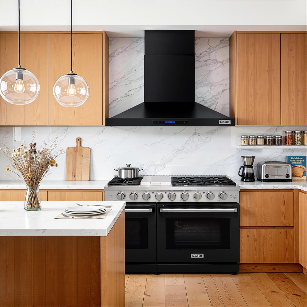 KOSTCH 48 inch Convertible Ducted Wall-Mount Range Hood, 1200 CFM Kitchen Vent Hood with 3 Speed Exhaust Fan & LED Light, Kitchen Range Hood with Touchscreen Control Panel & Remote Control