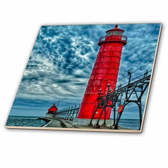 3dRose, USA, Grand Haven, Michigan, lighthouse, 4 Inch Ceramic Tile