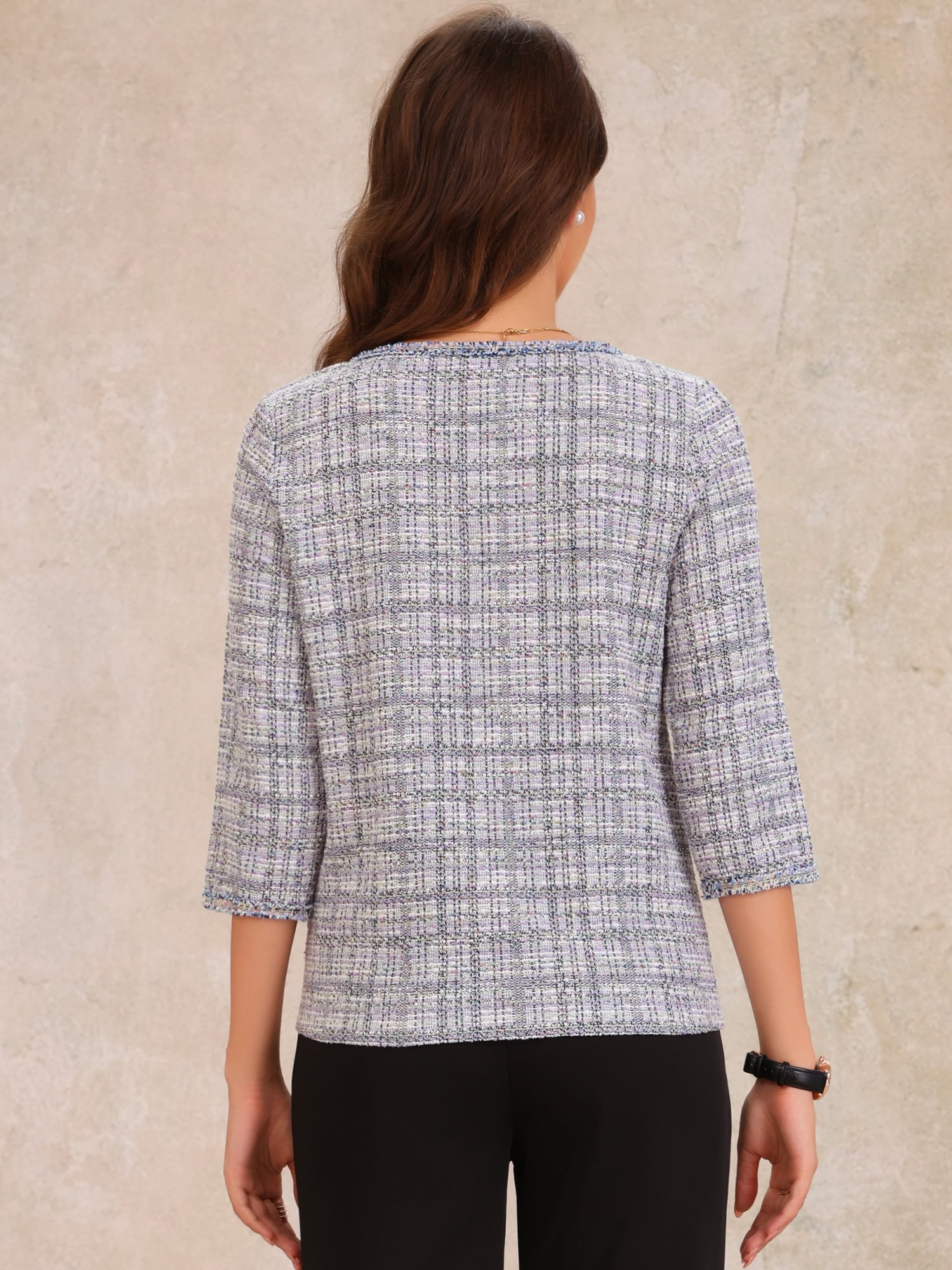 DARING DIVA Women's Tweed Plaid 3/4 Sleeve Button Decor Vintage Blouse XL Light Purple