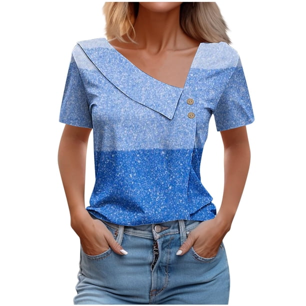 Tops de Algodón para Mujeres Cuello en V Casual de Manga Corta, Imitación Algodón Primavera Y Blusa de Verano