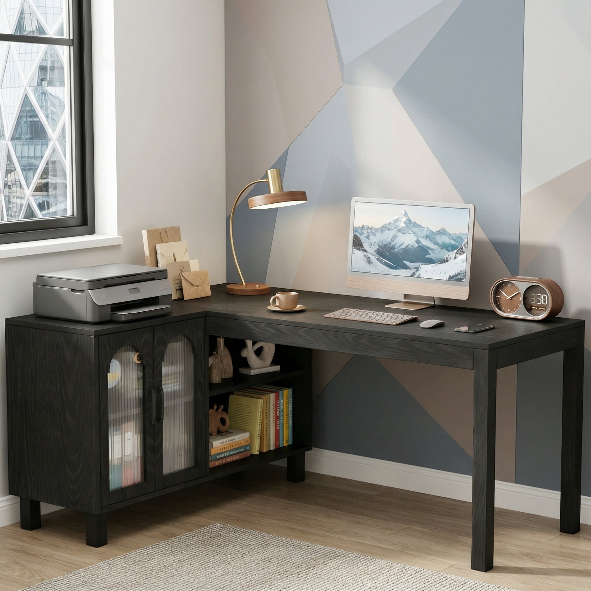 Fnova 59" L Shaped Computer Gaming Desk, Office Desk Writing Table Workstation, Executive Desk with 4 Storage Shelves, for Home Office, Black