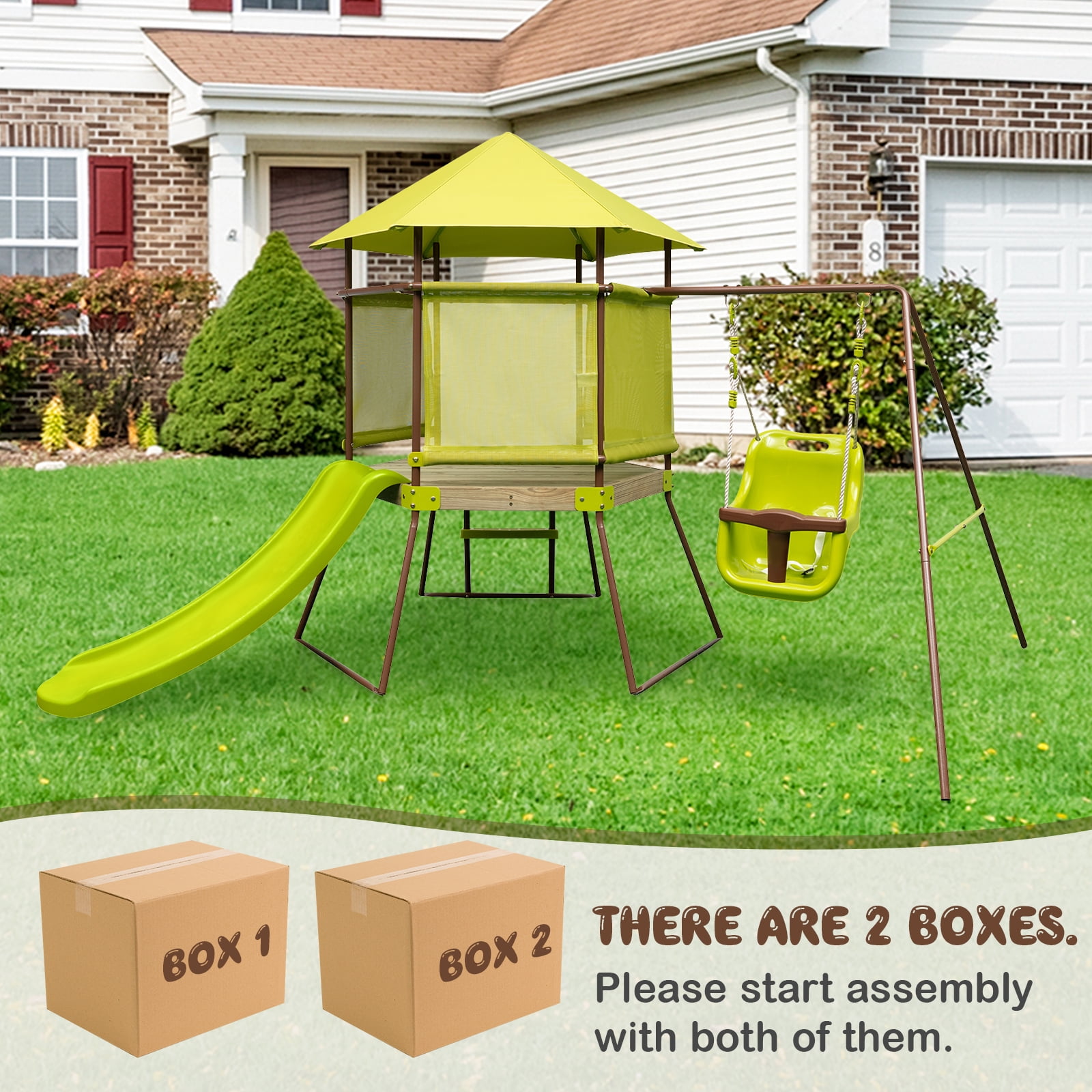 Infans 4-in-1 Swing Set w/ Covered Playhouse Fort Height Adjustable Baby Seat Slide