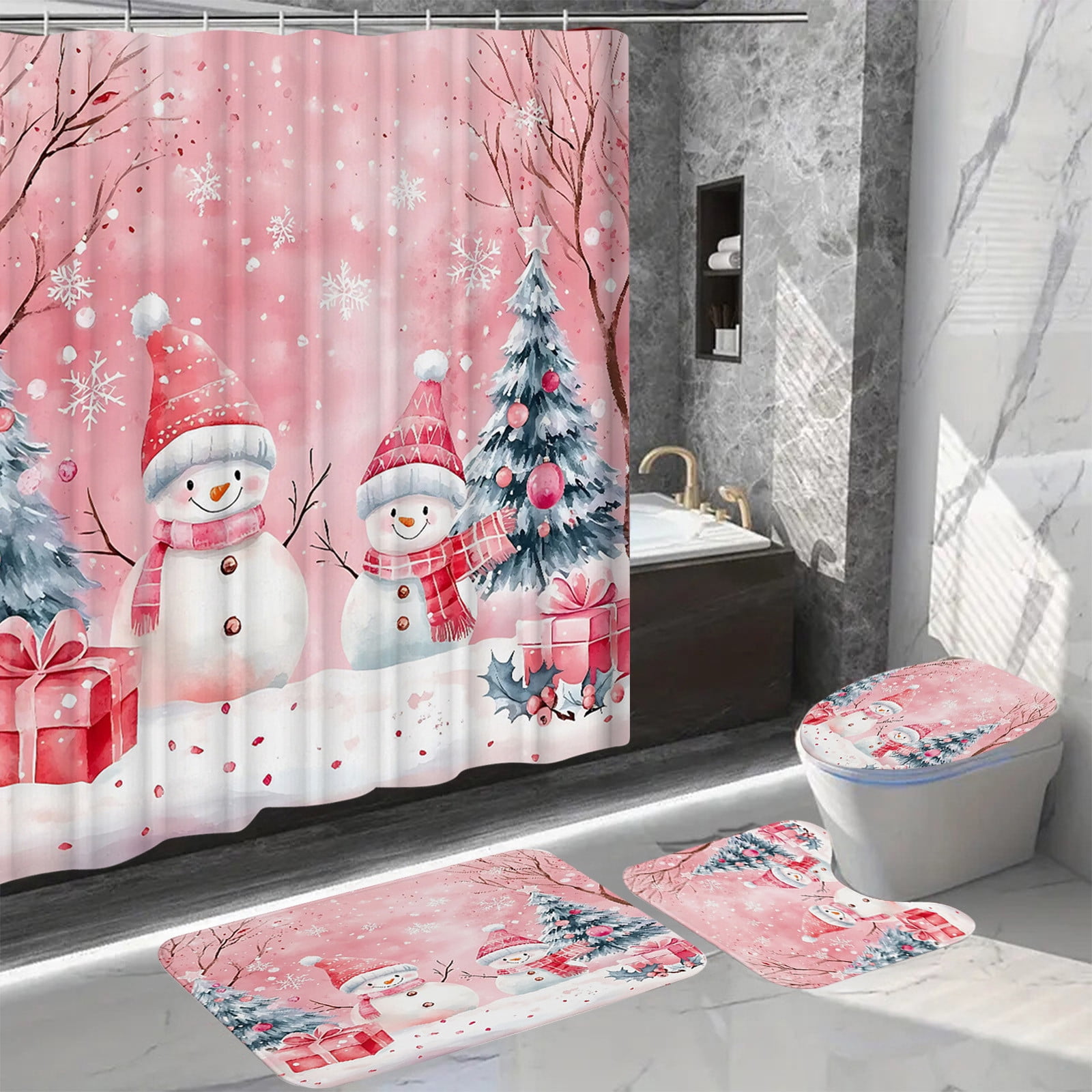 Costeam Christmas Shower Curtain Set with Santa Pattern, Waterproof Bathroom Decor with Holiday Theme for Xmas Party Background Decoration