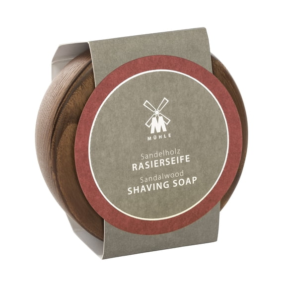 MHLE Cuenco de Madera con Jabón de Afeitar | Sándalo | 65 Gramos | Jabón de afeitar para hombres | Tazón de afeitar de ceniza al vapor | Fórmula de jabón rica y ligera | Espuma de jabón de afeitar nut