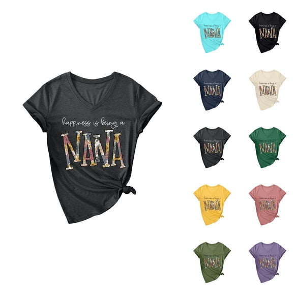 T-shirts pour Femmes « Hapiness Is Being A Nana » 2026 Été Décontracté Manches Courtes Col en V Mignon T-Shirts Graphiques Grand-Maman T-Shirt Fête des Mères