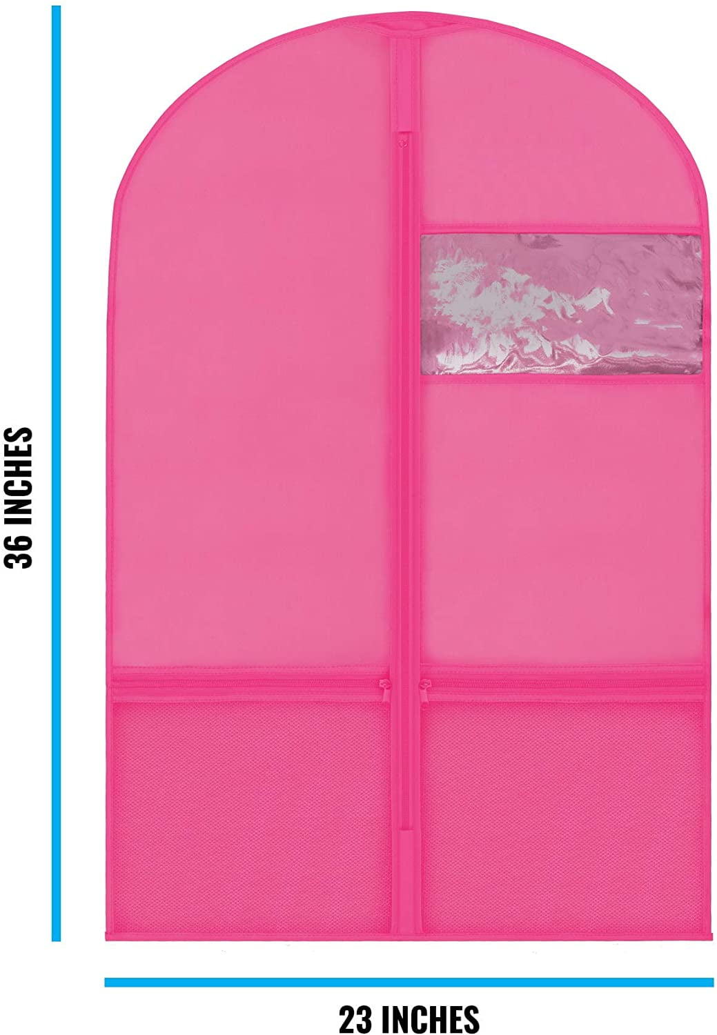 Plixio Garment Bags for Kids Dance Costumes with Transparent Window and Zippered Mesh Pockets for Shoes Clothing and Accessory Storage (3 Pack) (Pink: 36" x 23")