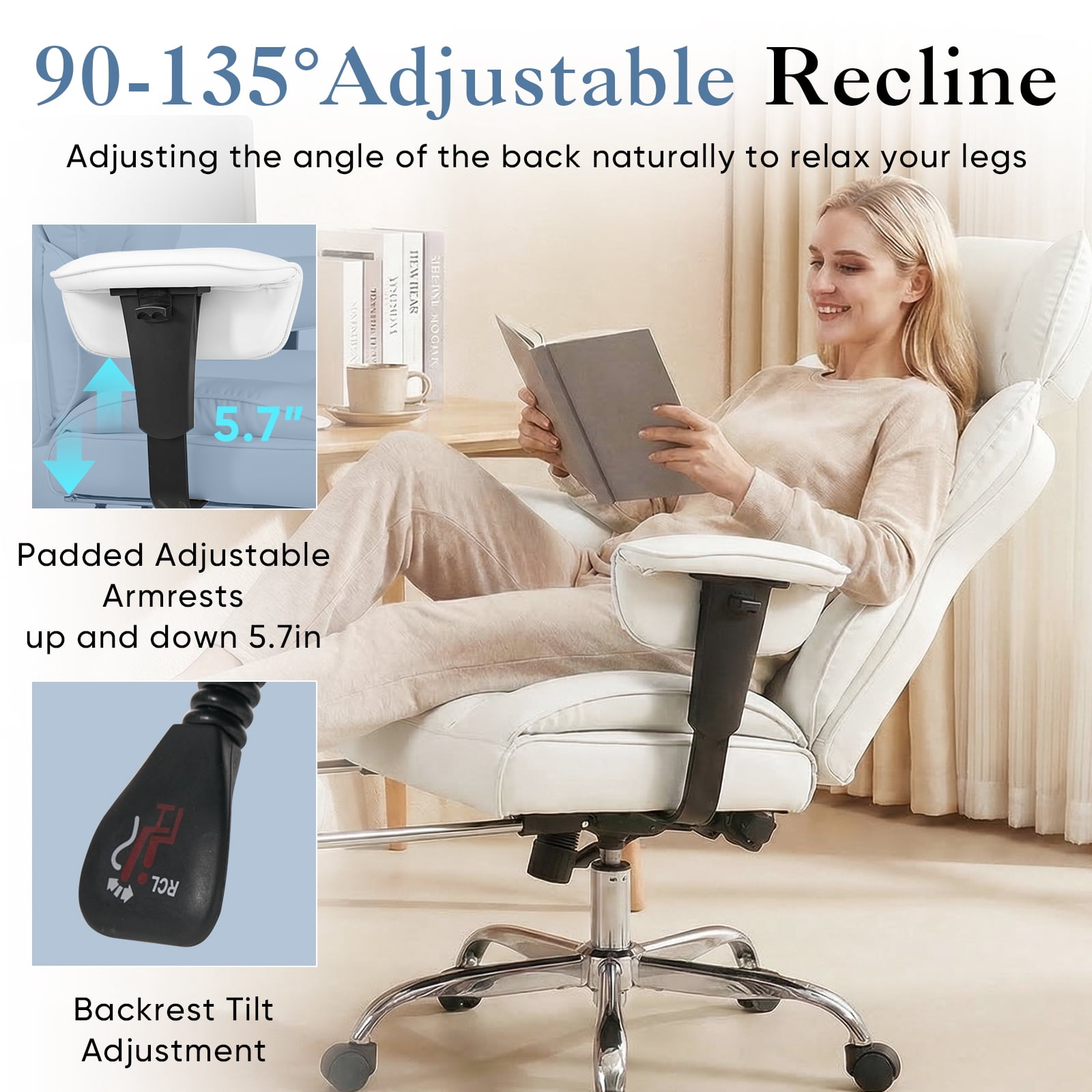 CONCETTA Ergonomic Office Chair 400LBS for Big & Tall, Heavy Duty Desk Chair with Reclining Back, Footrest, Luxurious PU Leather, Beige