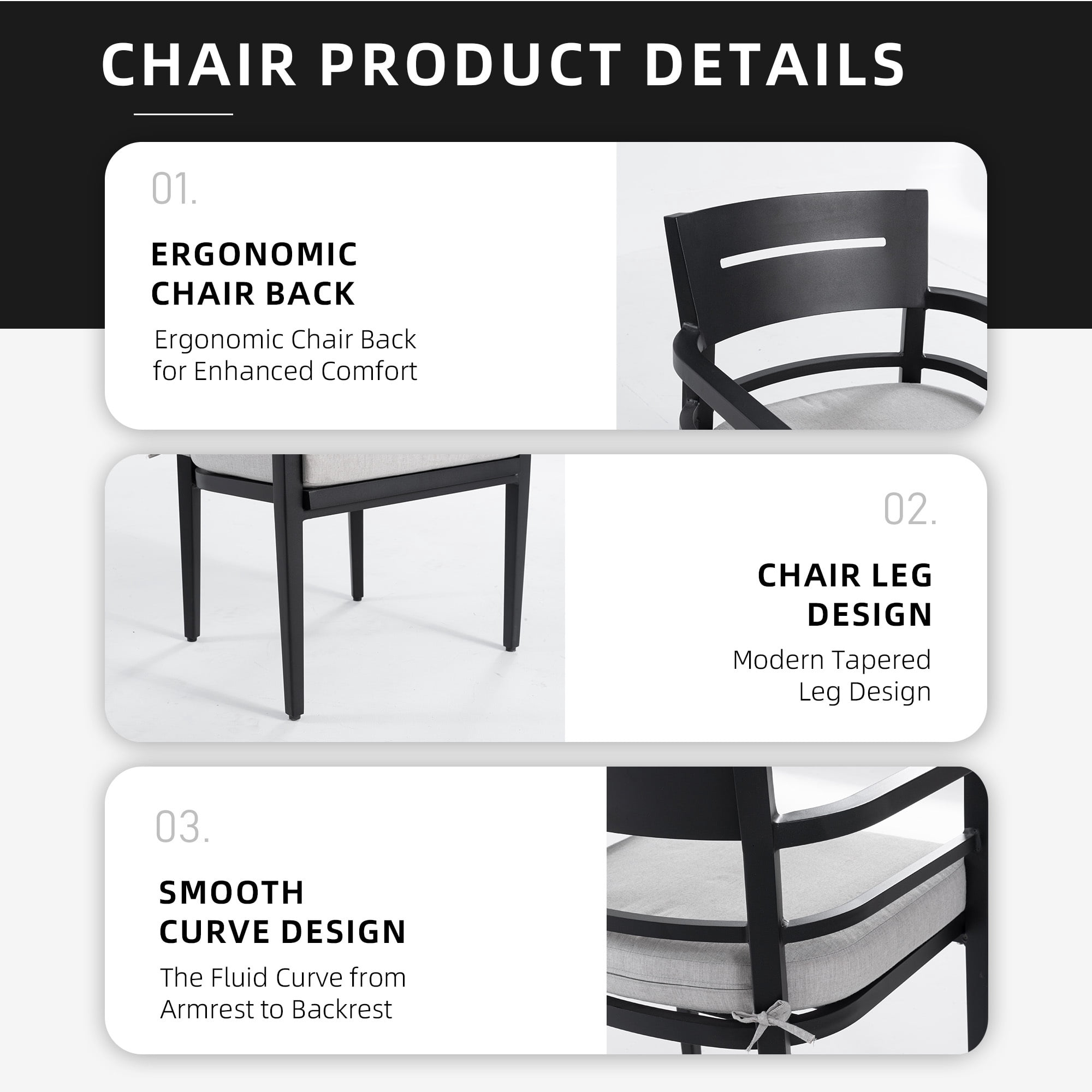 YIYADO 4-Piece Outdoor Patio Aluminum Fixed Dining Chairs with Outdoor-Grade Sunbrella Fabric Cushions, Tapered Feet, Black