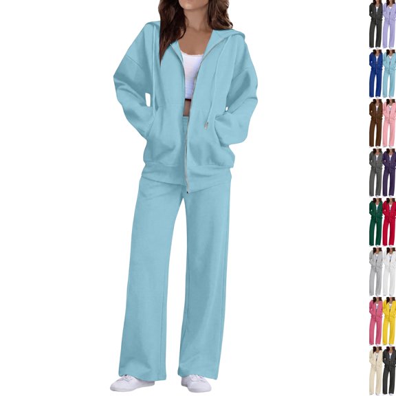 2 Piece Sets for Women Zip Up Hoodie Wide Leg Sweatpants Matching Set Lounge Outfit Comfort Casual Fall Winter Tracksuit,S,Light Blue
